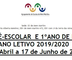 Matrículas Pré-Escolar  e 1ºano De Escolaridade, Ano Letivo 2019/2020, 15 de abril a 17 de junho de 2019